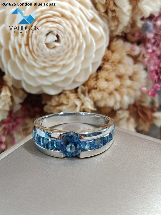 Madduckjewels | Natural London Blue Topaz Ring | Center 6mm + Channel Set | 925 Sterling Silver | RG1625lb