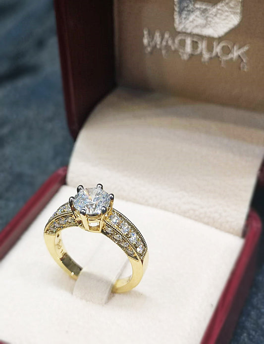MadDuckJewels 18K Yellow Gold (75%) Engagement & Wedding Ring – CZ / Moissanite / Lab-Grown Diamond – Nickel-Free – RG1571-Y18