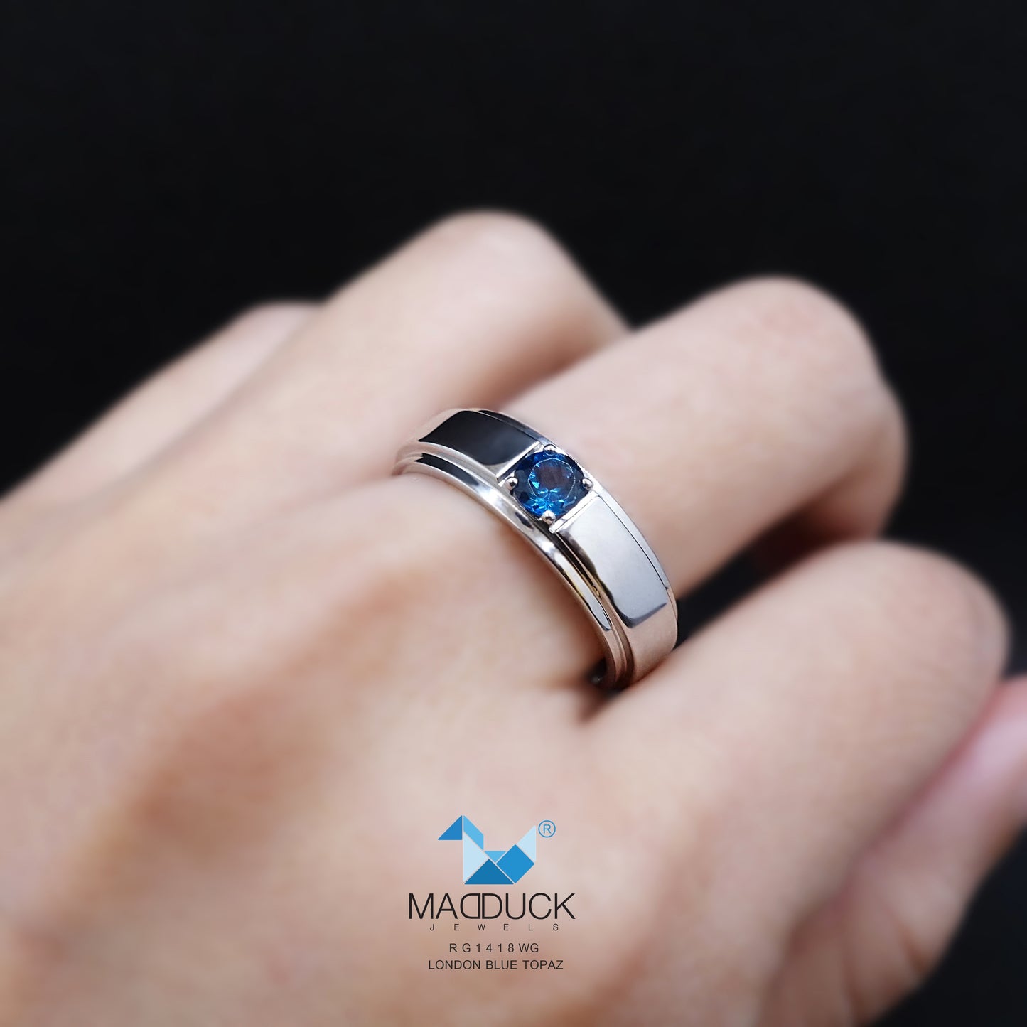 Madduckjewels | Natural London Blue Topaz Ring | Double Track Band | 925 Sterling Silver Rhodium-plated | RG1419-LB