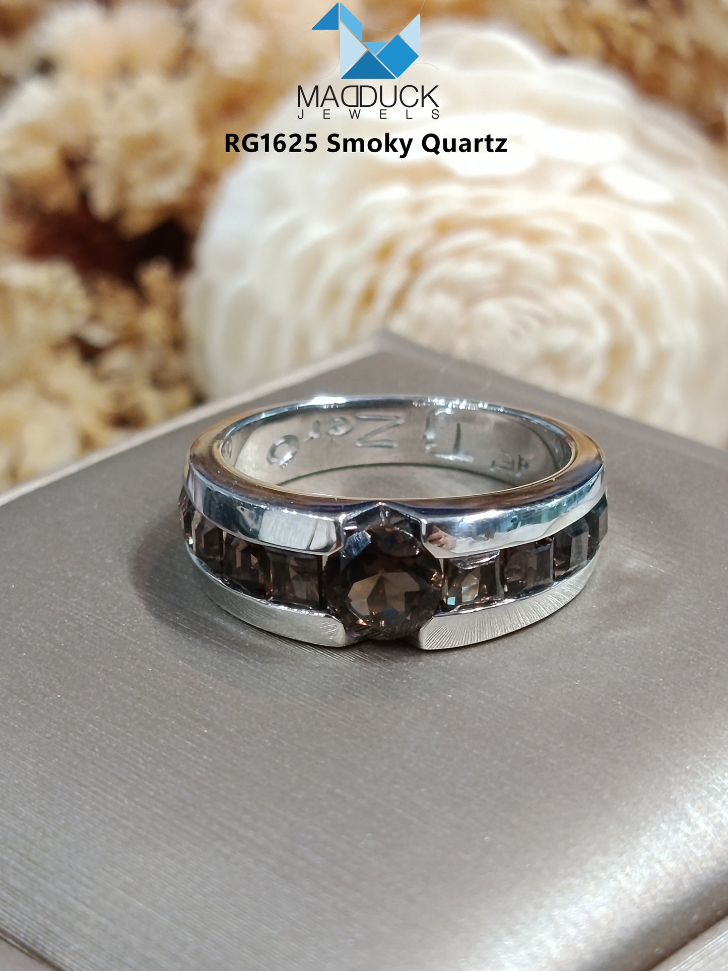 Madduckjewels Natural Smoky Quartz Sterling Silver Ring, Rhodium Plated — RG1625sm