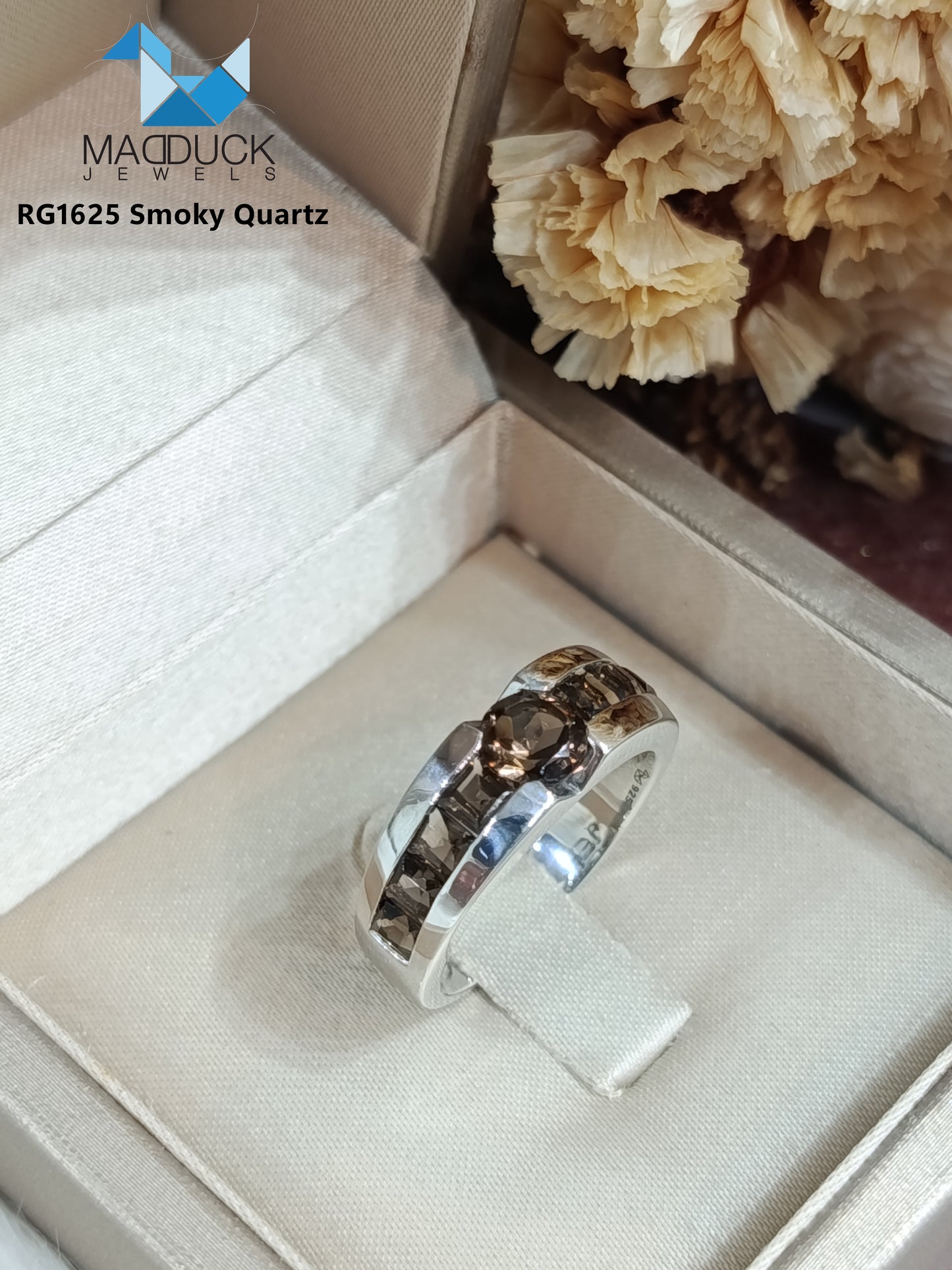 Madduckjewels Natural Smoky Quartz Sterling Silver Ring, Rhodium Plated — RG1625sm