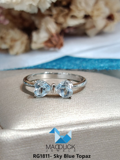 Madduckjewels | Natural Sky Blue Topaz Ring | Double Heart Bow | 925 Sterling Silver Rhodium-plated | RG1811-bt