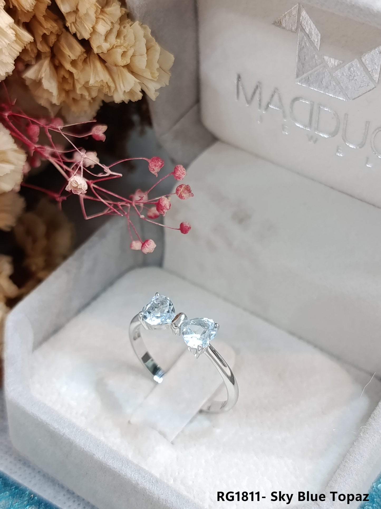 Madduckjewels | Natural Sky Blue Topaz Ring | Double Heart Bow | 925 Sterling Silver Rhodium-plated | RG1811-bt