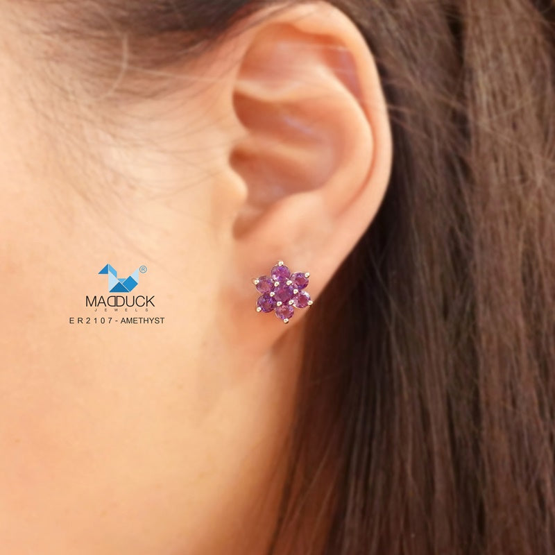 Madduckjewels | Natural Amethyst Earrings | Pikul Flower Design | 925 Sterling Silver Rhodium-plated | ER2107am