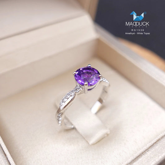 Madduckjewels | Natural Amethyst & White Topaz Ring | 925 Sterling Silver Rhodium-plated | RG1536am-wt