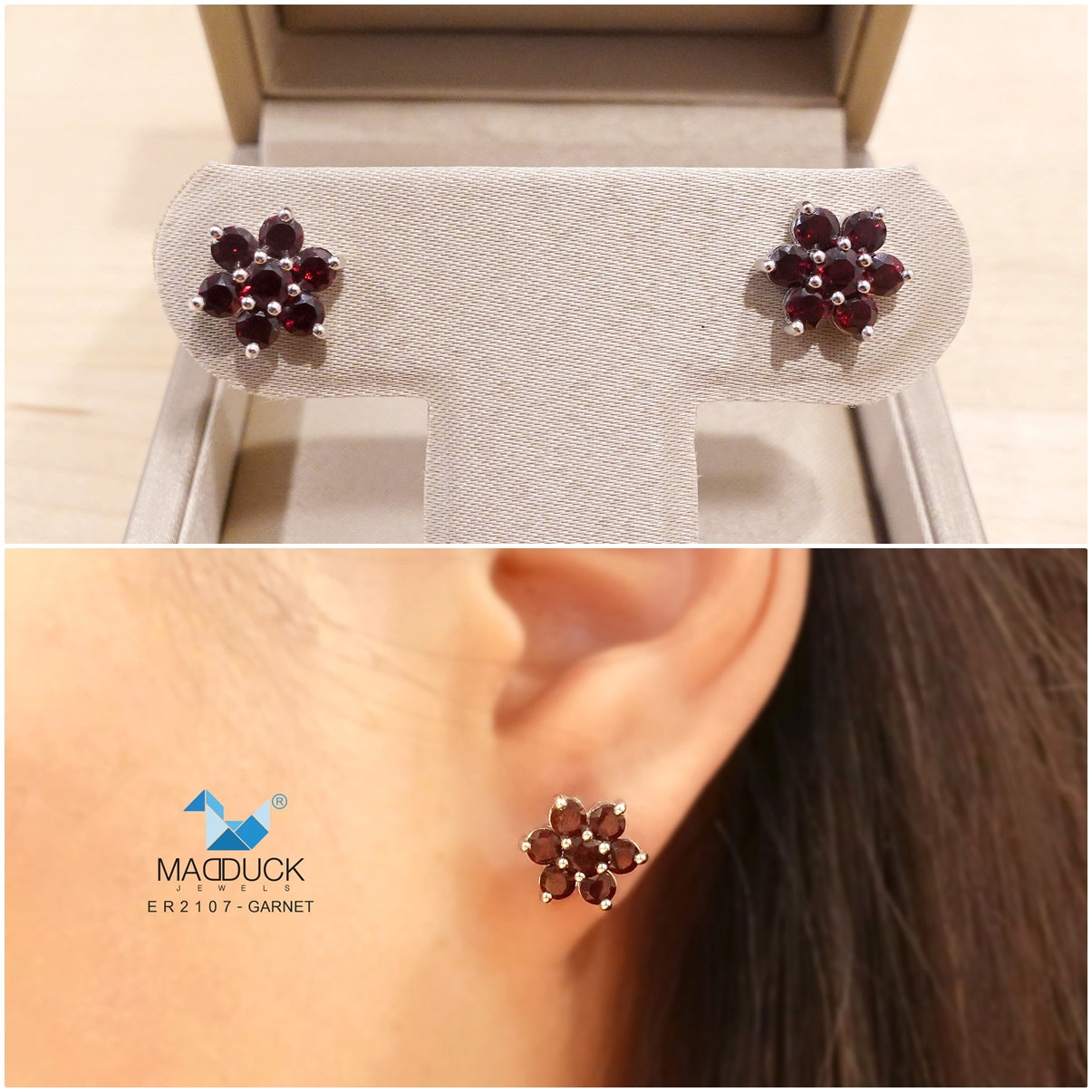 Madduckjewels | Natural Garnet Earrings | Flower Design | 925 Sterling Silver Rhodium-plated | ER2107gn