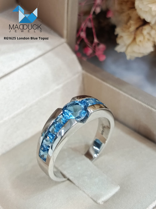 Madduckjewels | Natural London Blue Topaz Ring | Center 6mm + Channel Set | 925 Sterling Silver | RG1625lb