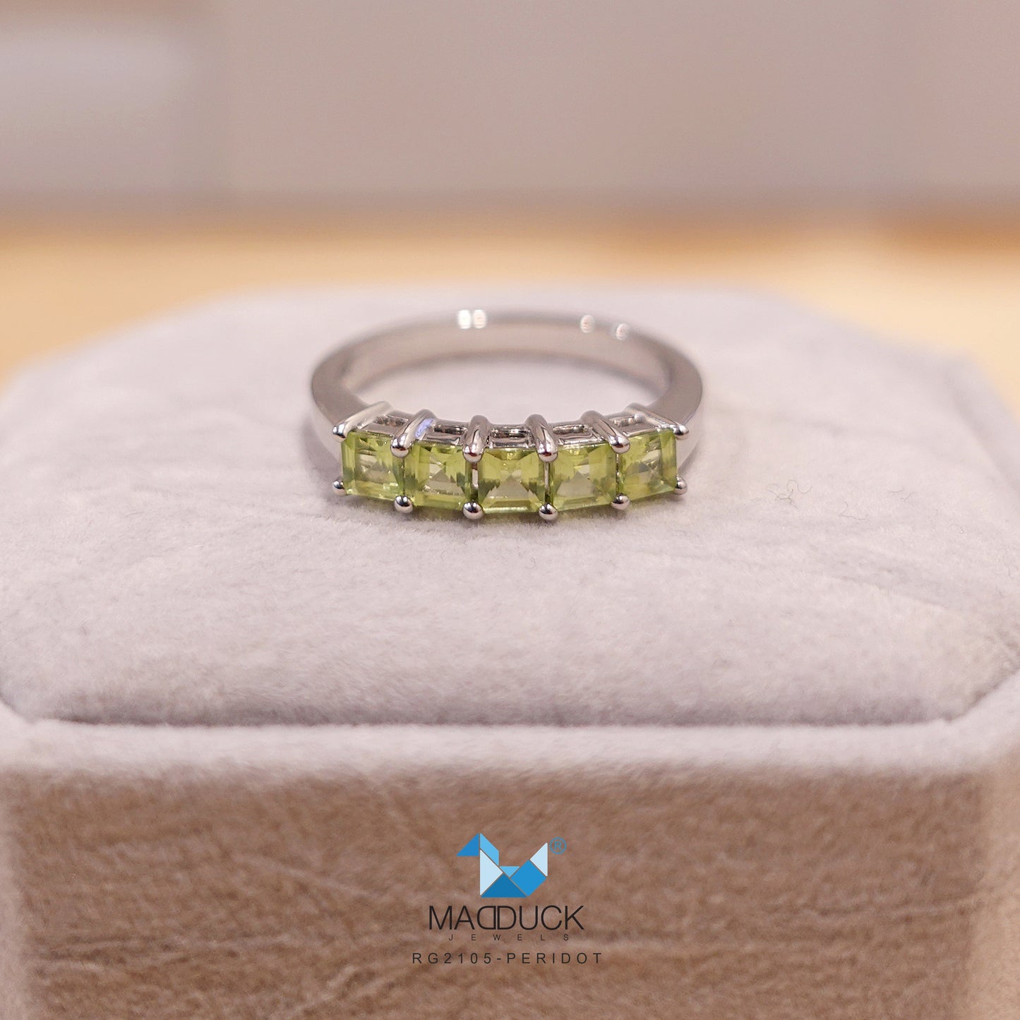Madduckjewels | Natural Peridot Ring | 5-Stone Square Band | 925 Sterling Silver Rhodium-plated | RG2105pr