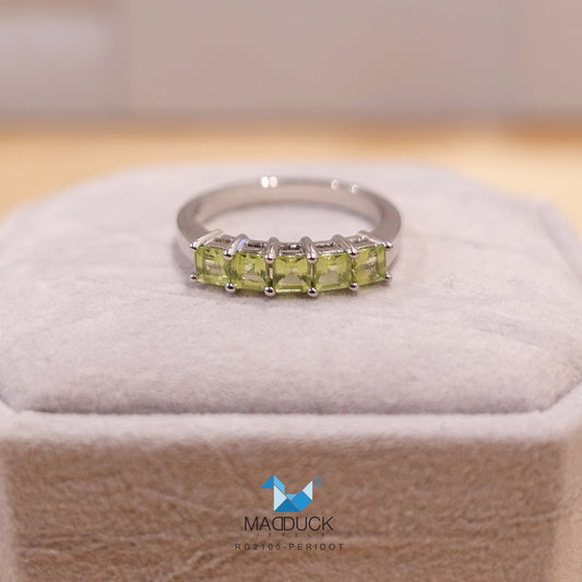 Madduckjewels | Natural Peridot Ring | 5-Stone Square Band | 925 Sterling Silver Rhodium-plated | RG2105pr