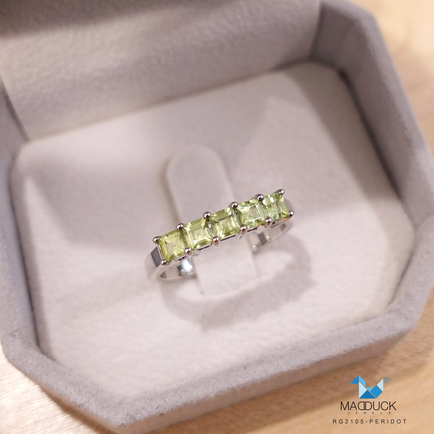 Madduckjewels | Natural Peridot Ring | 5-Stone Square Band | 925 Sterling Silver Rhodium-plated | RG2105pr
