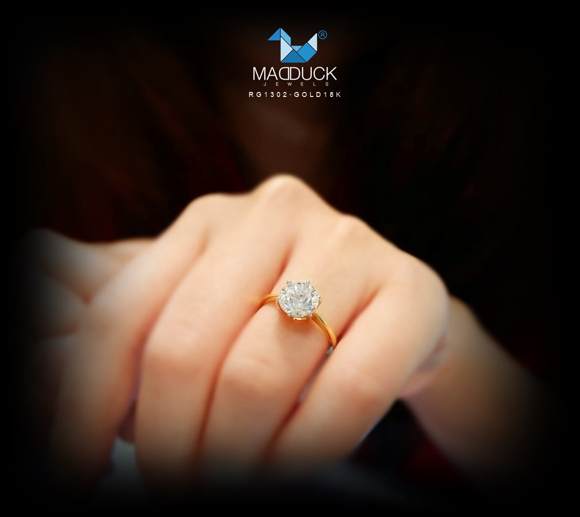 MadDuckJewels 18K Yellow Gold (75%) Engagement & Wedding Ring – CZ / Moissanite / Lab-Grown Diamond – Nickel-Free – RG1302-Y18