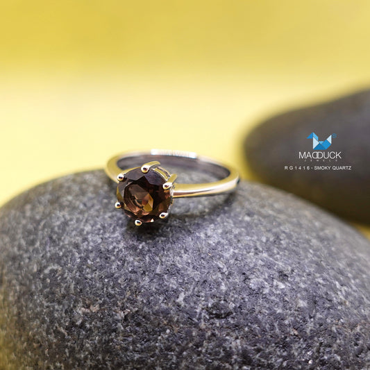 Madduckjewels | Natural Smoky Quartz Ring | Round 6.5mm | 925 Sterling Silver Rhodium-plated | RG1416sm