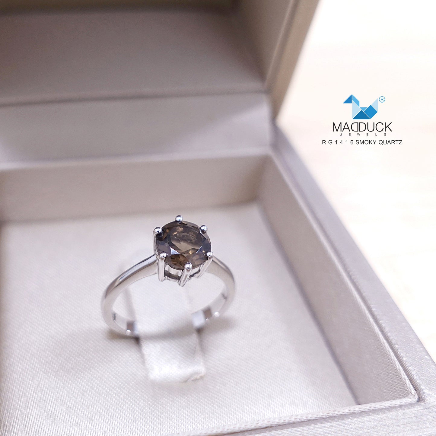 Madduckjewels | Natural Smoky Quartz Ring | Round 6.5mm | 925 Sterling Silver Rhodium-plated | RG1416sm