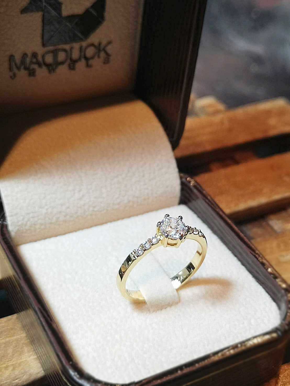 MadDuckJewels 18K Yellow Gold (75%) Engagement & Wedding Ring – CZ / Moissanite / Lab-Grown Diamond – Nickel-Free – RG1530-Y18