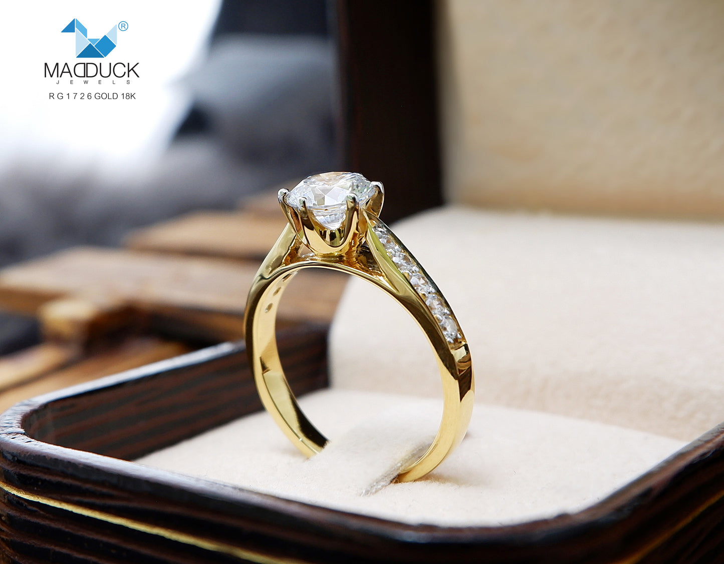 MadDuckJewels 18K Yellow Gold (75%) Engagement & Wedding Ring – CZ / Moissanite / Lab-Grown Diamond – Nickel-Free – RG1726-Y18