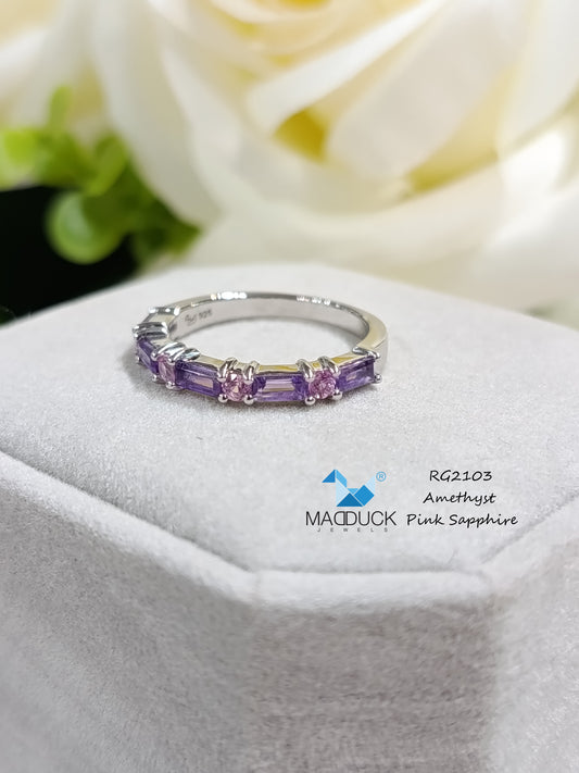 Madduckjewels | Natural Amethyst & Pink Sapphire Half Eternity Ring | 925 Sterling Silver Rhodium-plated | RG2103am-ps