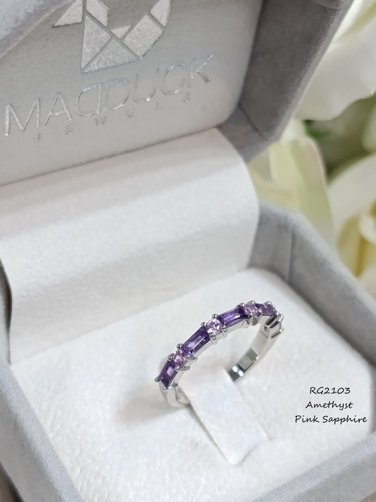 Madduckjewels | Natural Amethyst & Pink Sapphire Half Eternity Ring | 925 Sterling Silver Rhodium-plated | RG2103am-ps