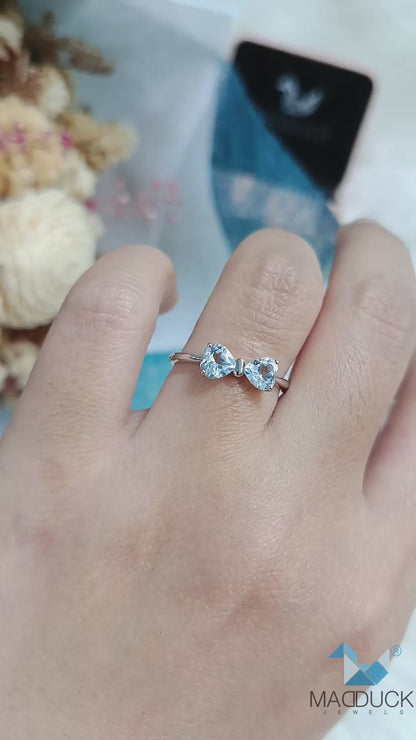 Madduckjewels | Natural Sky Blue Topaz Ring | Double Heart Bow | 925 Sterling Silver Rhodium-plated | RG1811-bt