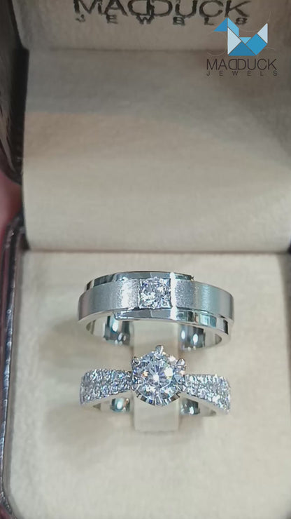 Moissanite Couple Ring Set – MadDuckJewels Sterling Silver 925 – His & Hers Engagement & Wedding Rings – Rhodium Plated, Nickel-Free – RG1818WGR-RG1912