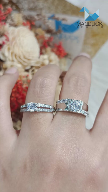Moissanite Couple Ring Set – MadDuckJewels Sterling Silver 925 – His & Hers Engagement & Wedding Rings – Rhodium Plated, Nickel-Free – RG1559-RG1502