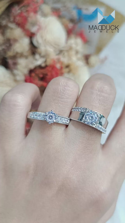 Moissanite Couple Ring Set – MadDuckJewels Sterling Silver 925 – His & Hers Engagement & Wedding Rings – Rhodium Plated, Nickel-Free – RG1559-RG1607