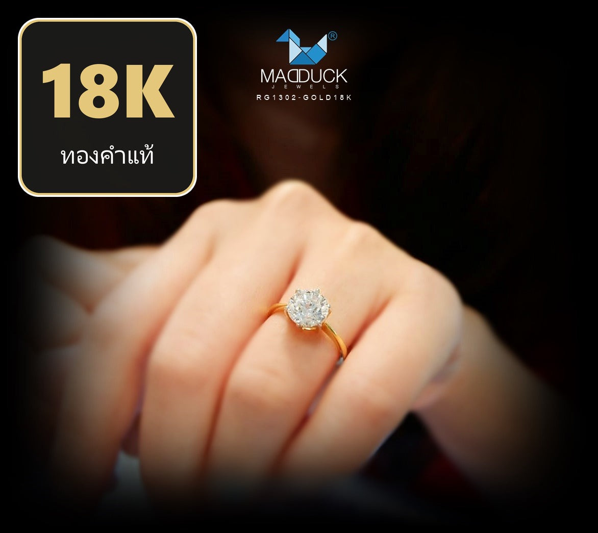 MadDuckJewels 18K Yellow Gold (75%) Engagement & Wedding Ring – CZ / Moissanite / Lab-Grown Diamond – Nickel-Free – RG1302-Y18