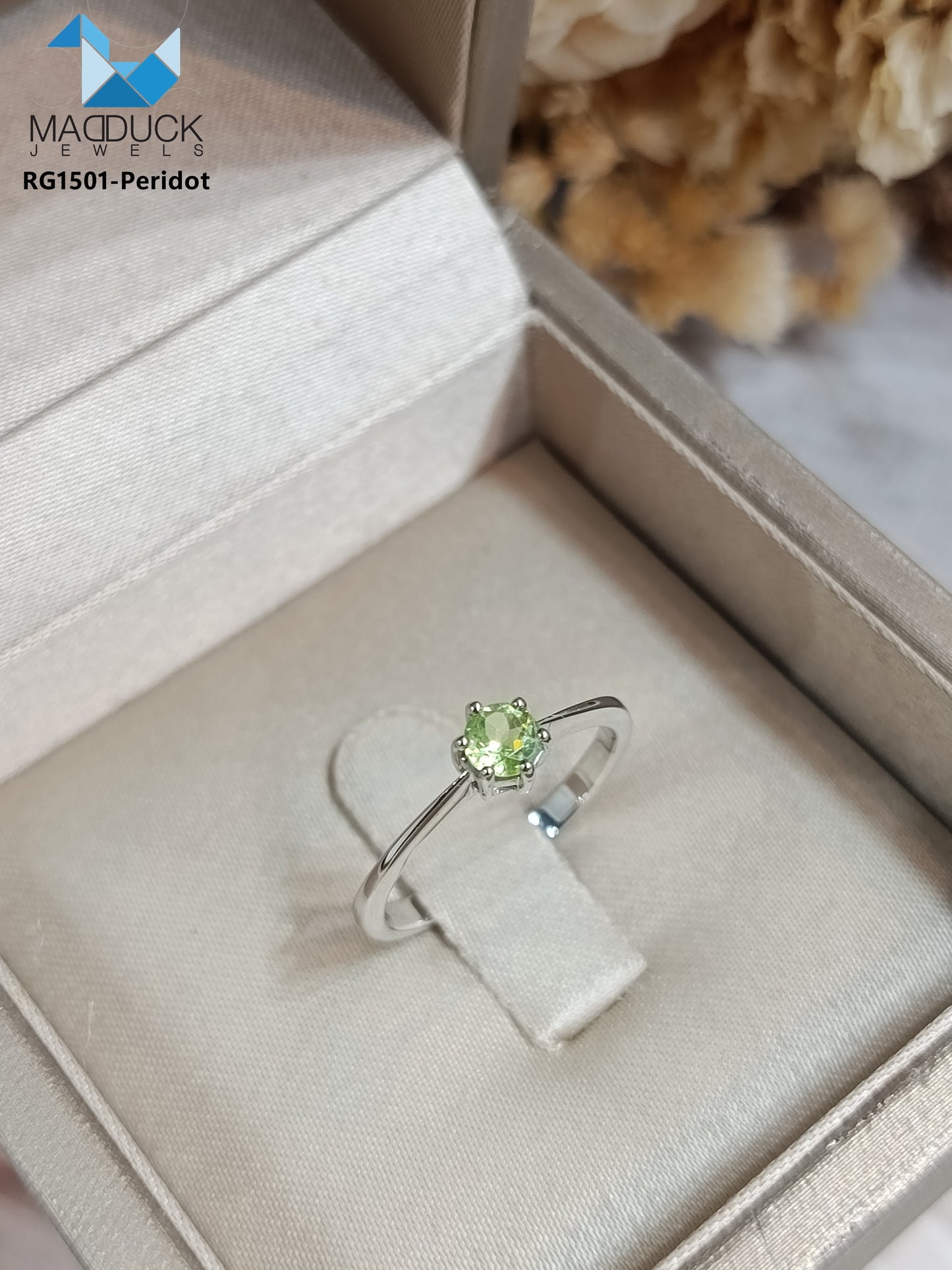 Madduckjewels | Natural Peridot Ring | Slim Solitaire | 925 Sterling Silver Rhodium-plated | RG1501pr