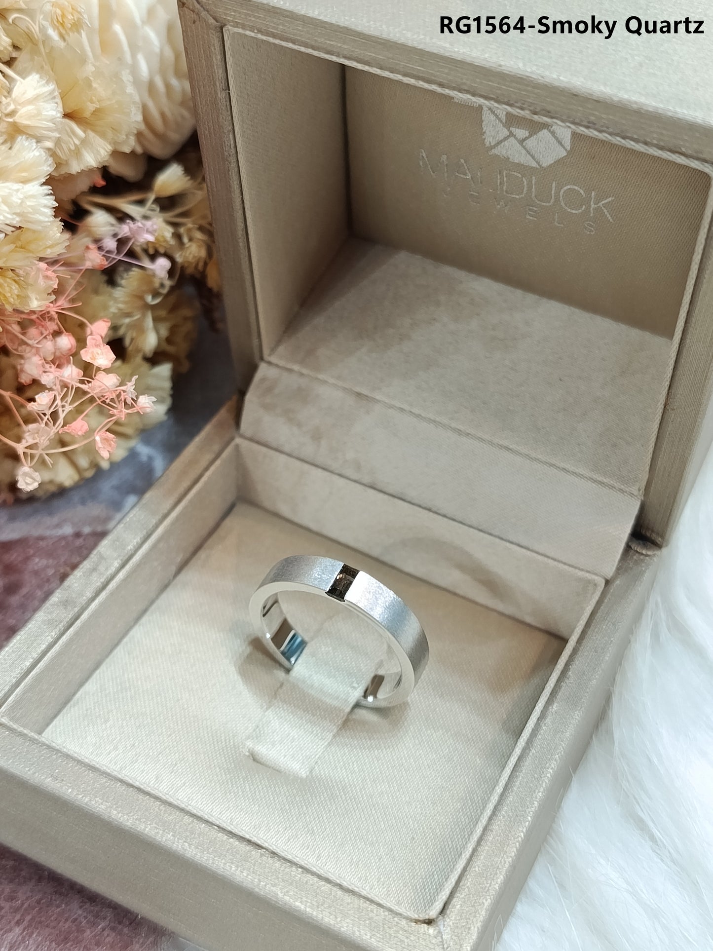 Madduckjewels | Natural Smoky Quartz Ring | Baguette Matte Band | 925 Sterling Silver Rhodium-plated | RG1564wgr-sm