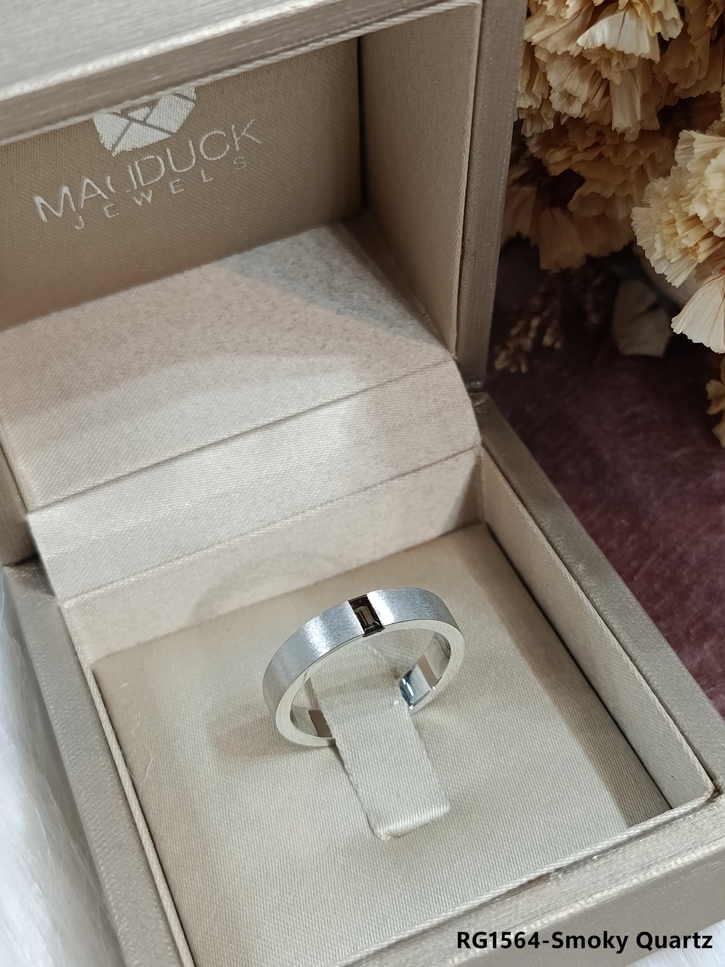 Madduckjewels | Natural Smoky Quartz Ring | Baguette Matte Band | 925 Sterling Silver Rhodium-plated | RG1564wgr-sm