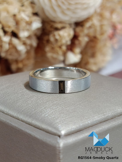 Madduckjewels | Natural Smoky Quartz Ring | Baguette Matte Band | 925 Sterling Silver Rhodium-plated | RG1564wgr-sm