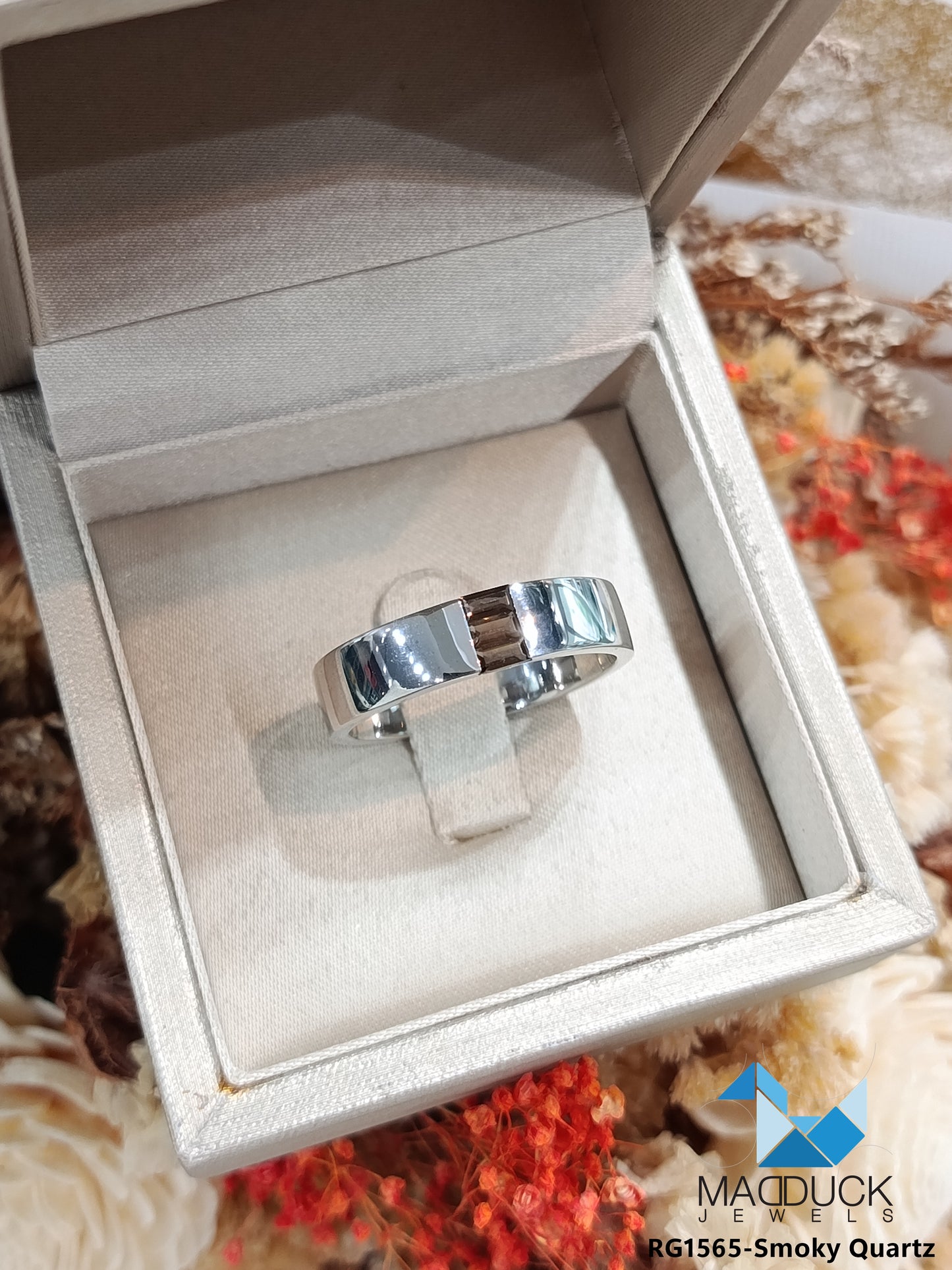 Madduckjewels | Natural Smoky Quartz Ring | Baguette Channel Band | 925 Sterling Silver Rhodium-plated | RG1565sm