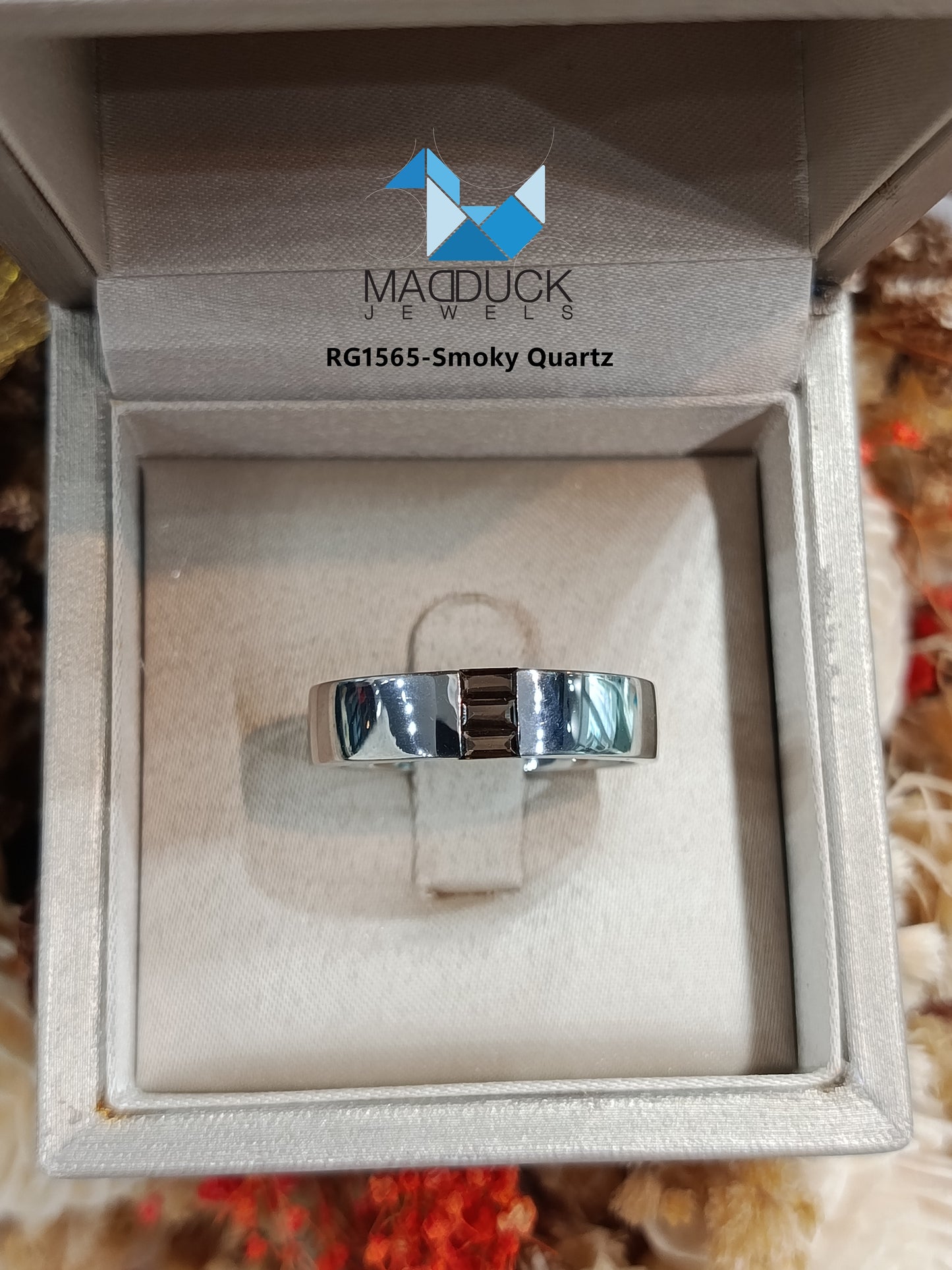 Madduckjewels | Natural Smoky Quartz Ring | Baguette Channel Band | 925 Sterling Silver Rhodium-plated | RG1565sm