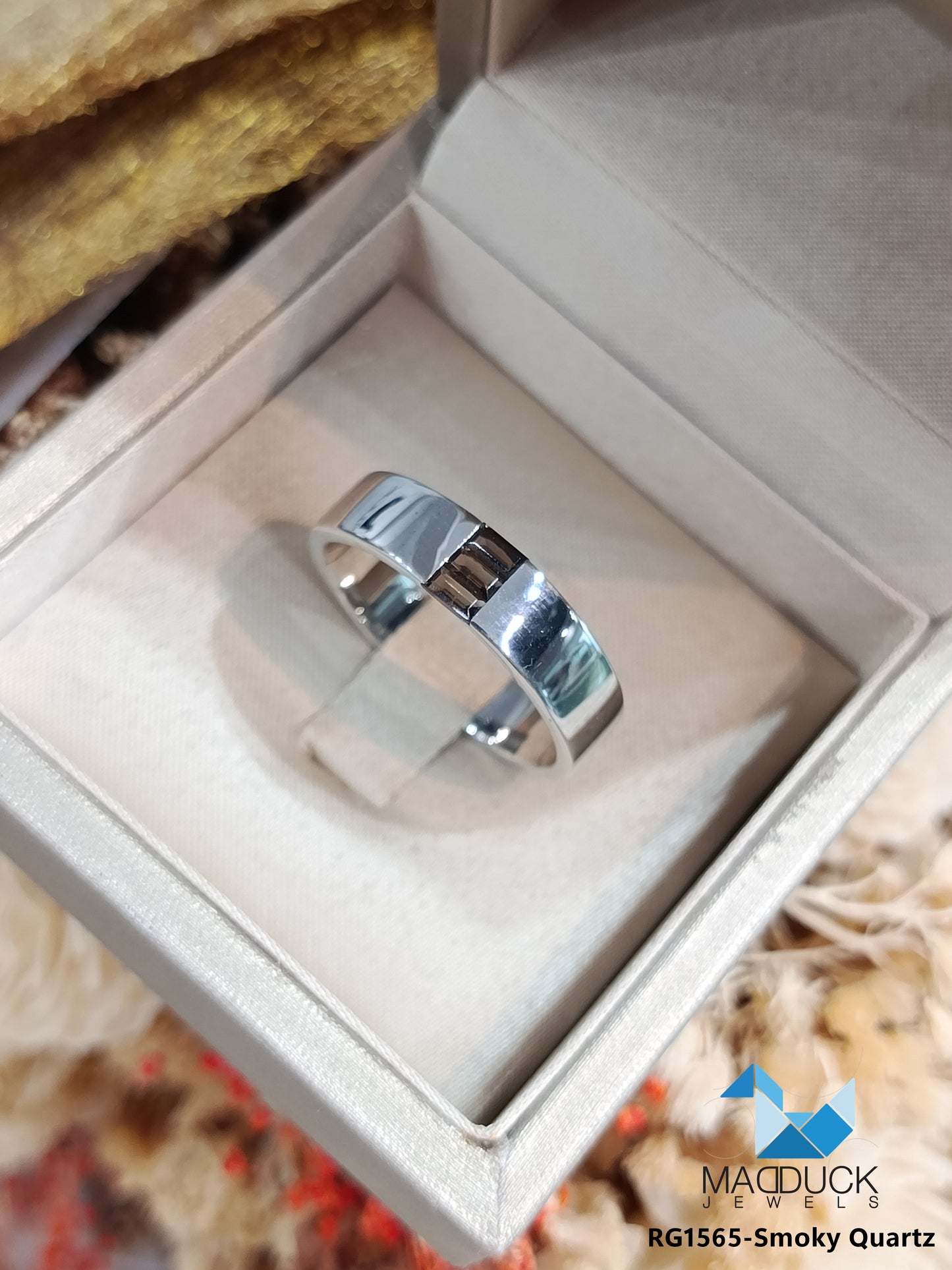Madduckjewels | Natural Smoky Quartz Ring | Baguette Channel Band | 925 Sterling Silver Rhodium-plated | RG1565sm