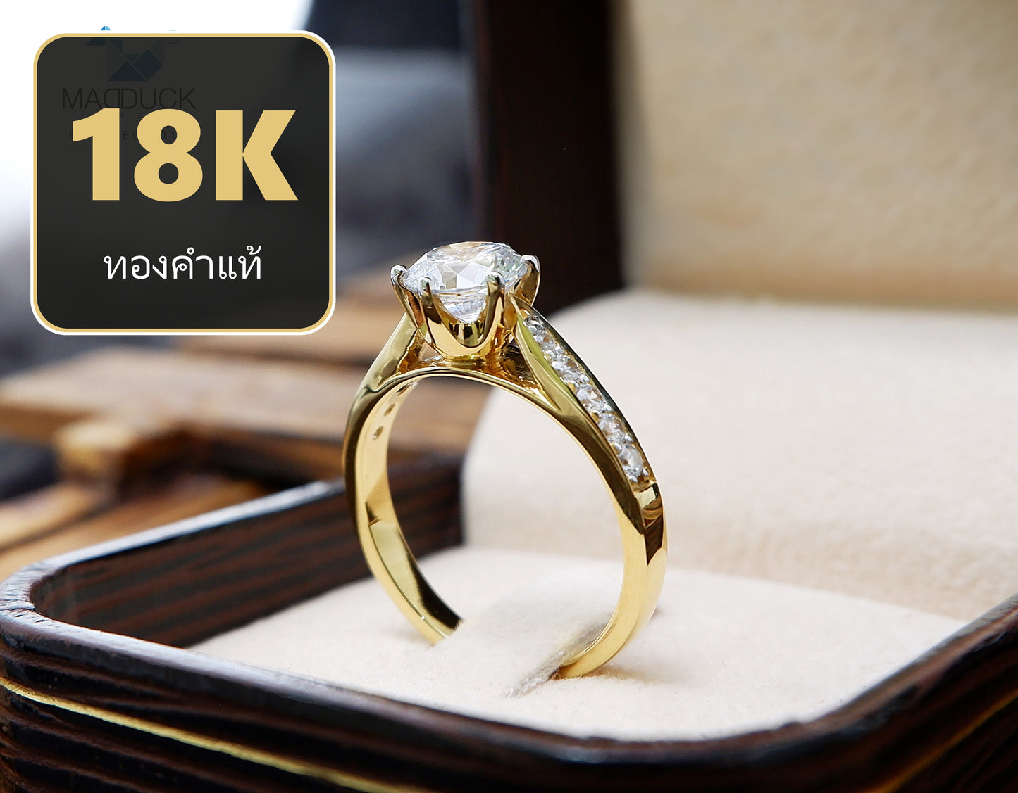 MadDuckJewels 18K Yellow Gold (75%) Engagement & Wedding Ring – CZ / Moissanite / Lab-Grown Diamond – Nickel-Free – RG1726-Y18