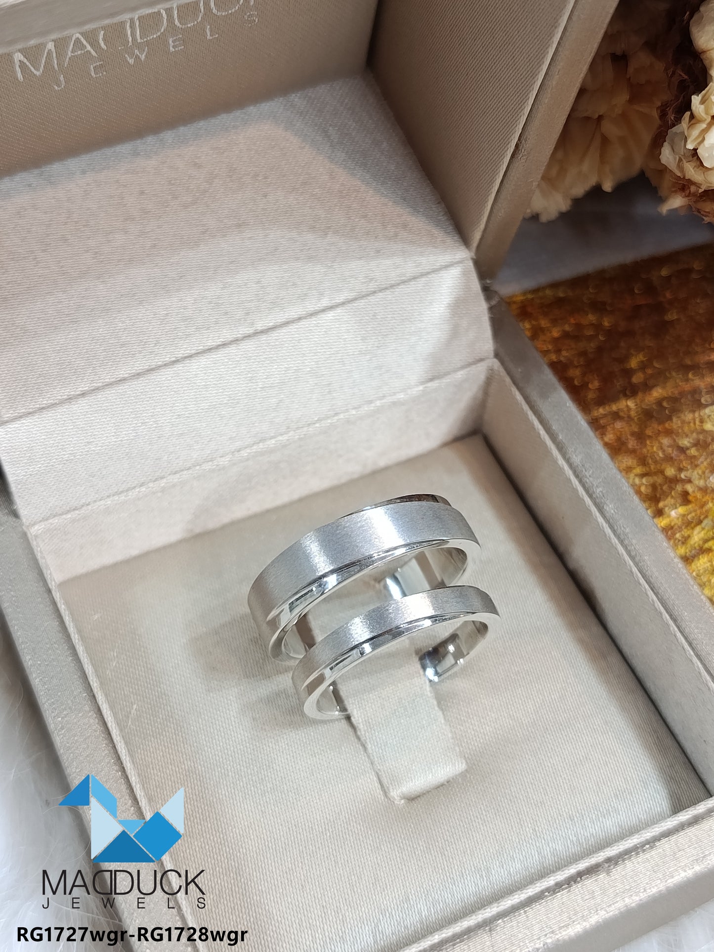 MadDuckJewels Sterling Silver 925 Couple Ring Set – His & Hers Engagement & Wedding Rings – CZ, Rhodium Plated, Nickel-Free – RG1728WGR-RG1727WGR
