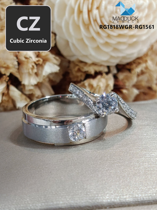CZ Couple Ring Set – MadDuckJewels Sterling Silver 925 – His & Hers Engagement & Wedding Rings – Rhodium Plated, Nickel-Free – RG1818WGR-RG1561