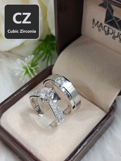 CZ Couple Ring Set – MadDuckJewels Sterling Silver 925 – His & Hers Engagement & Wedding Rings – Rhodium Plated, Nickel-Free – RG1818WGR-RG1912