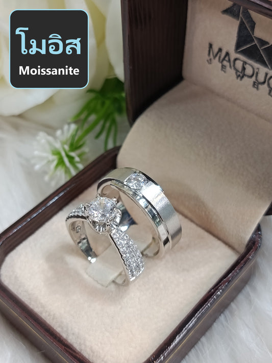 Moissanite Couple Ring Set – MadDuckJewels Sterling Silver 925 – His & Hers Engagement & Wedding Rings – Rhodium Plated, Nickel-Free – RG1818WGR-RG1912