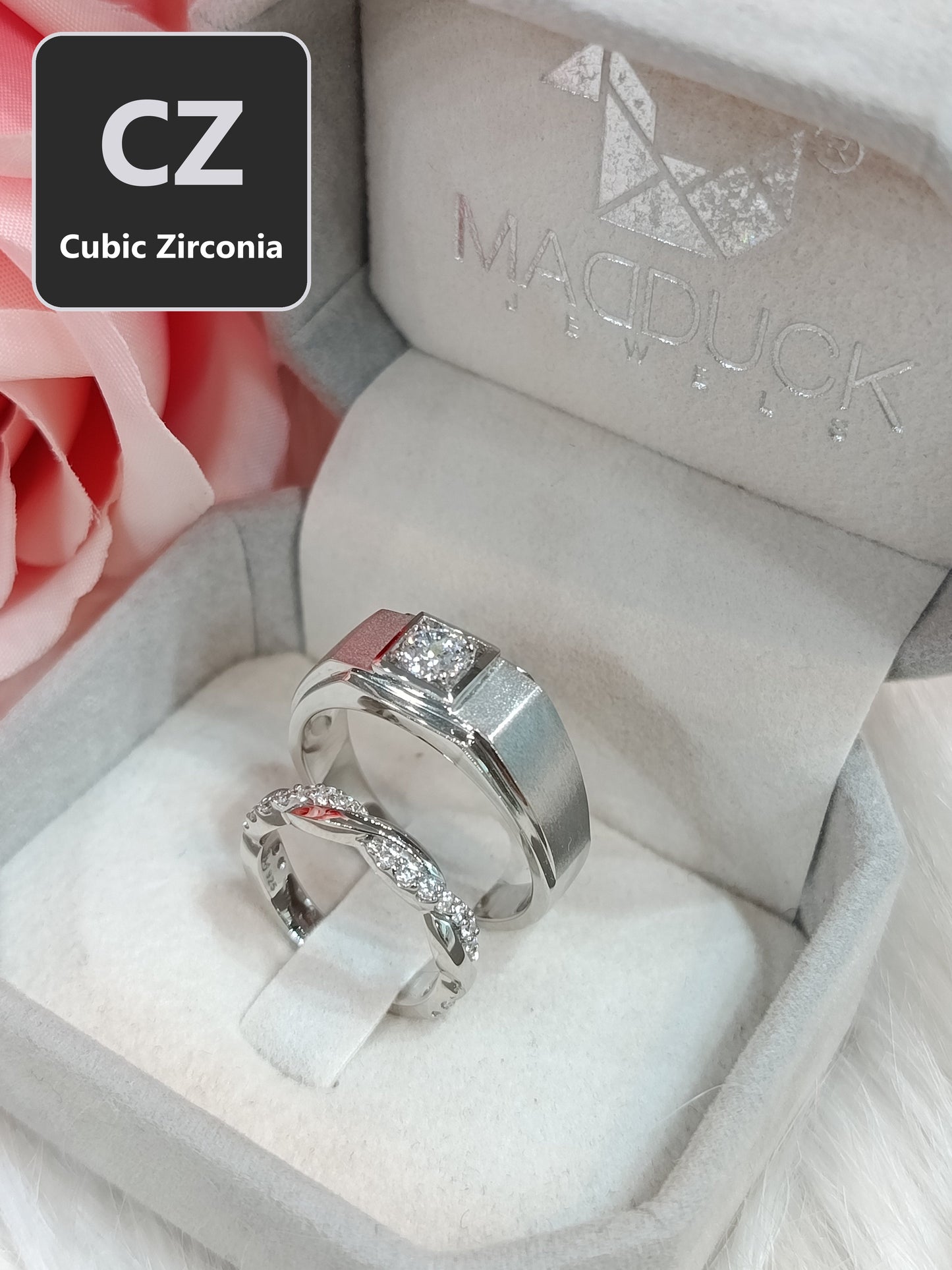 CZ Couple Ring Set – MadDuckJewels Sterling Silver 925 – His & Hers Engagement & Wedding Rings – Rhodium Plated, Nickel-Free – RG1826WGR-RG1525