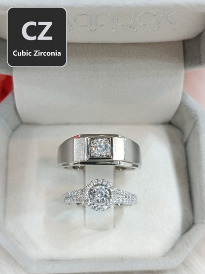 CZ Couple Ring Set – MadDuckJewels Sterling Silver 925 – His & Hers Engagement & Wedding Rings – Rhodium Plated, Nickel-Free – RG1826WGR-RG1531