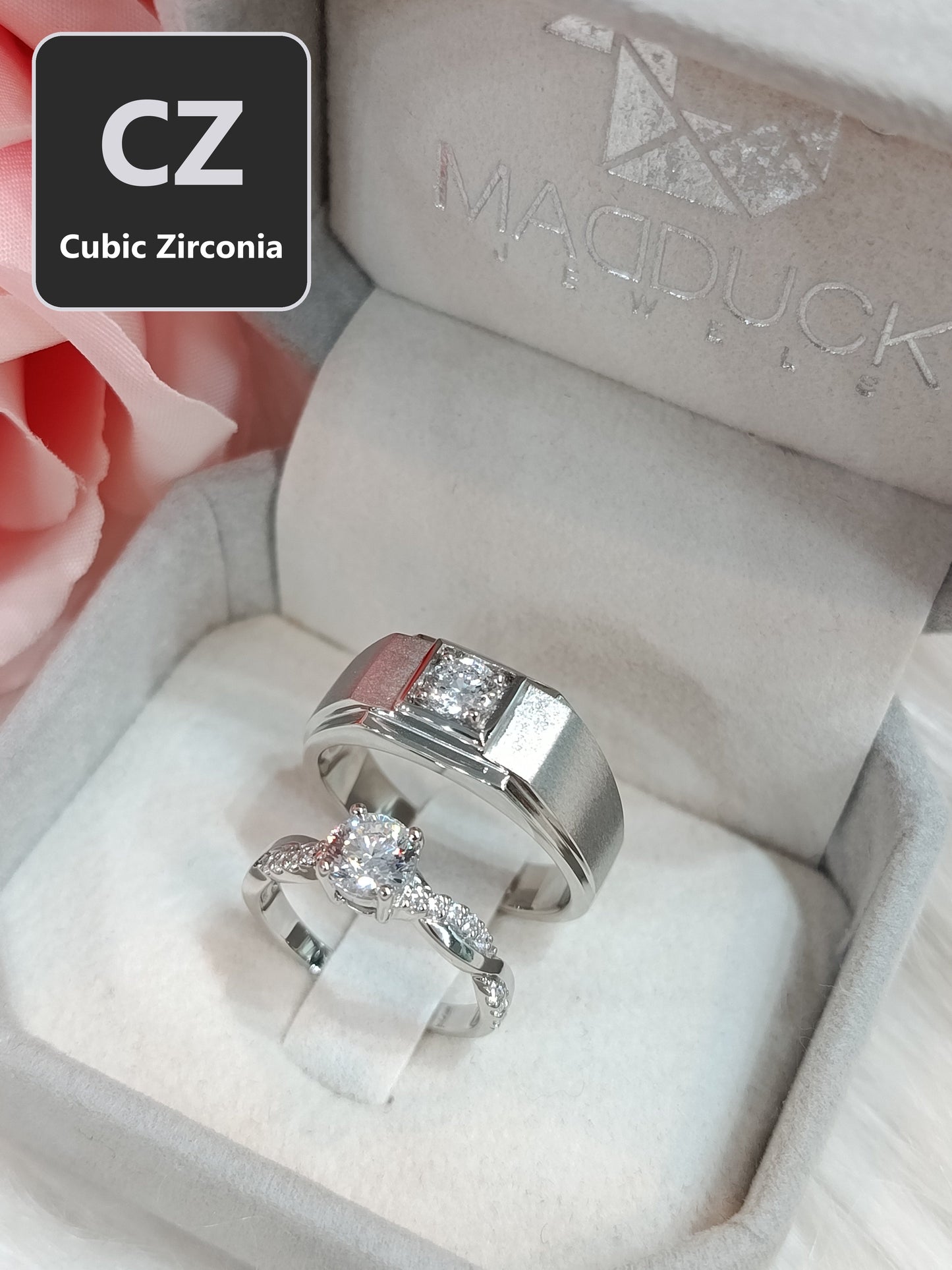 CZ Couple Ring Set – MadDuckJewels Sterling Silver 925 – His & Hers Engagement & Wedding Rings – Rhodium Plated, Nickel-Free – RG1826WGR-RG1606