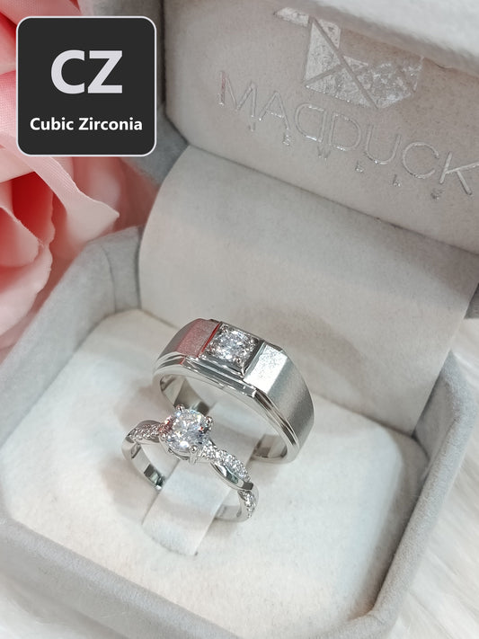CZ Couple Ring Set – MadDuckJewels Sterling Silver 925 – His & Hers Engagement & Wedding Rings – Rhodium Plated, Nickel-Free – RG1826WGR-RG1606