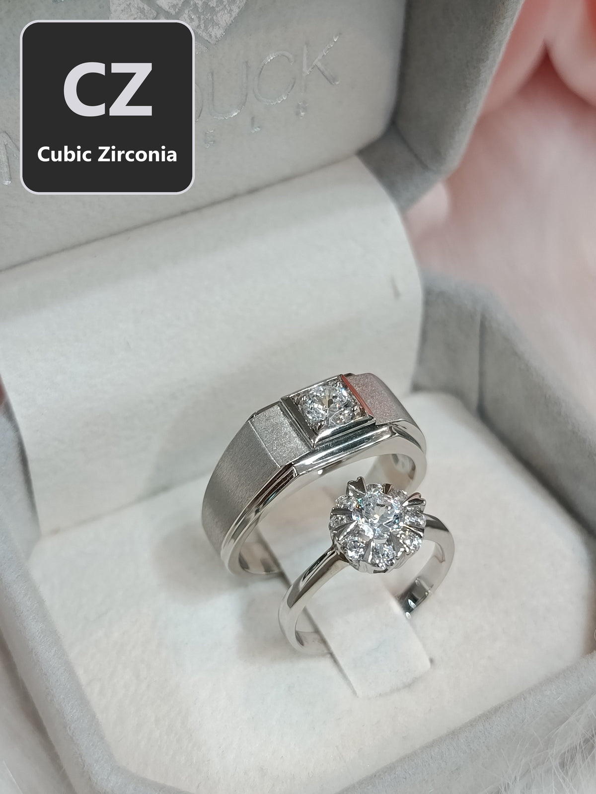 CZ Couple Ring Set – MadDuckJewels Sterling Silver 925 – His & Hers Engagement & Wedding Rings – Rhodium Plated, Nickel-Free – RG1826WGR-RG1703