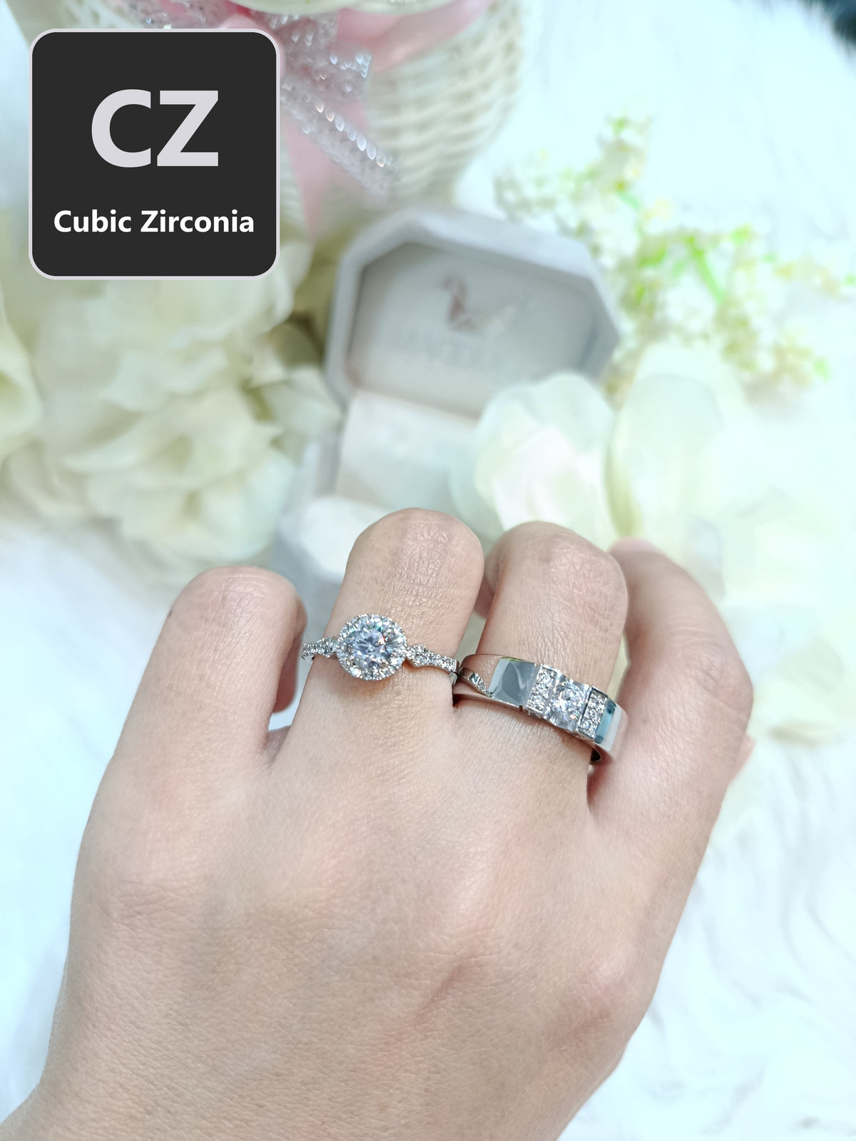 CZ Couple Ring Set – MadDuckJewels Sterling Silver 925 – His & Hers Engagement & Wedding Rings – Rhodium Plated, Nickel-Free – RG2101-RG1735