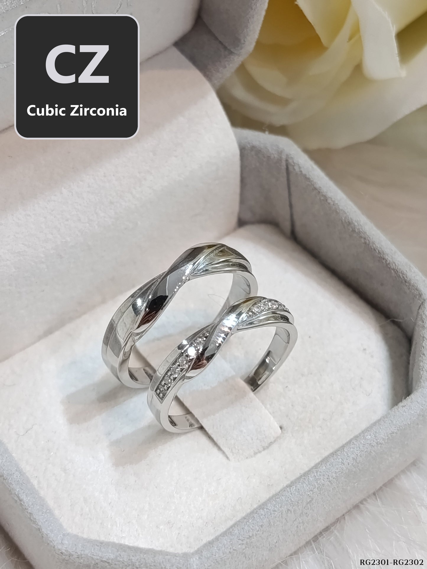 CZ Couple Ring Set – MadDuckJewels Sterling Silver 925 – His & Hers Engagement & Wedding Rings – Rhodium Plated, Nickel-Free – RG2301-RG2302